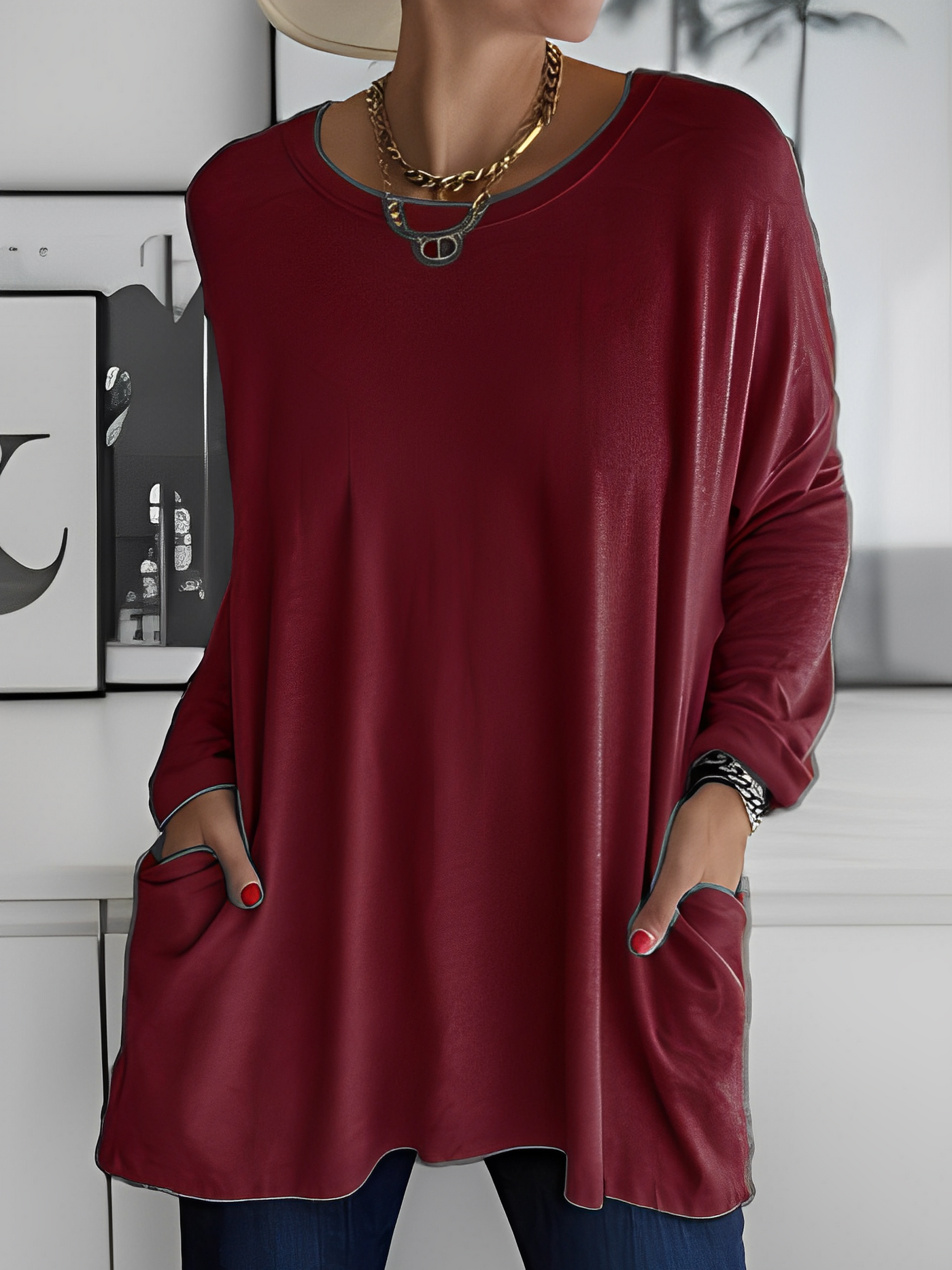 Oversize Gładki Sweter - Długi Rękaw Z Kieszeniami