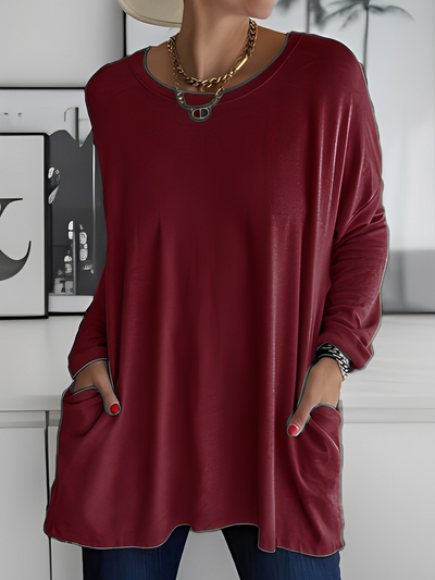 Oversize Gładki Sweter - Długi Rękaw Z Kieszeniami
