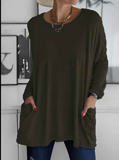 Oversize Gładki Sweter - Długi Rękaw Z Kieszeniami