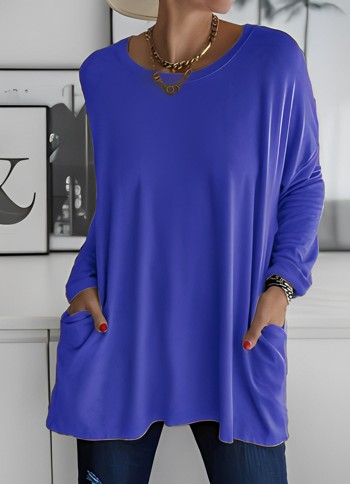 Oversize Gładki Sweter - Długi Rękaw Z Kieszeniami