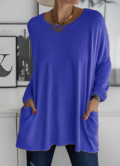 Oversize Gładki Sweter - Długi Rękaw Z Kieszeniami