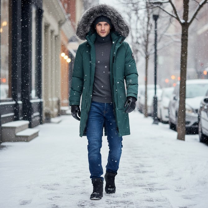 Gruby Zimowy Płaszcz z Kapturem – Okrycie Wierzchnie