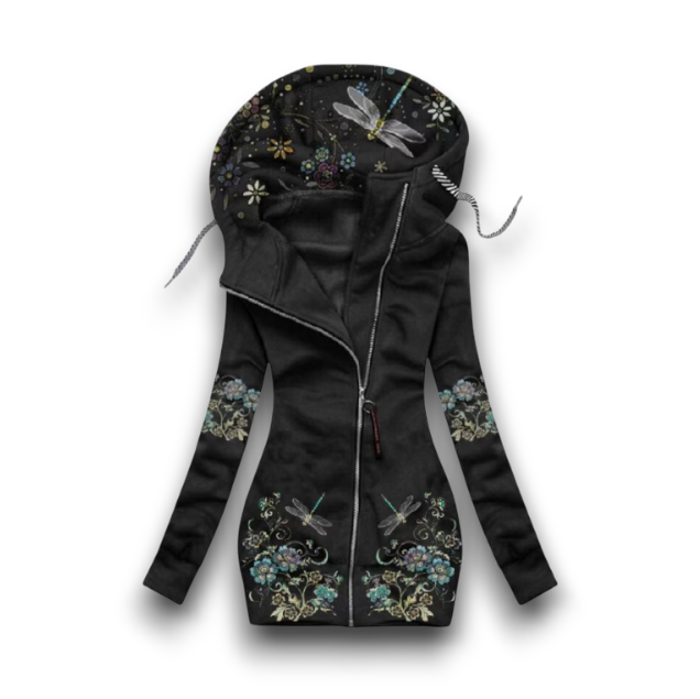 Modny Zimowy Płaszcz z Kapturem - Kwiatowy Wzór