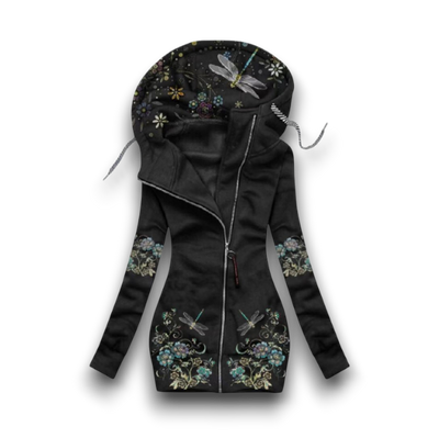 Modny Zimowy Płaszcz z Kapturem - Kwiatowy Wzór