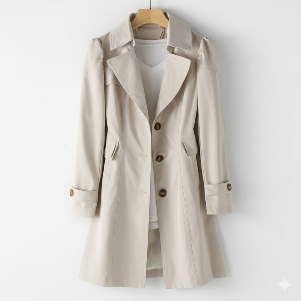 Długi Płaszcz Trencz Z Guzikami - Kołnierz I Rękawy