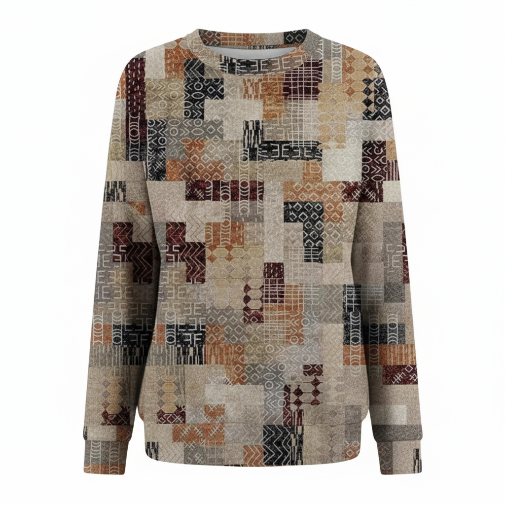 Jesienno-Zimowy Dziergany Sweter Patchwork - Okrągły Dekolt