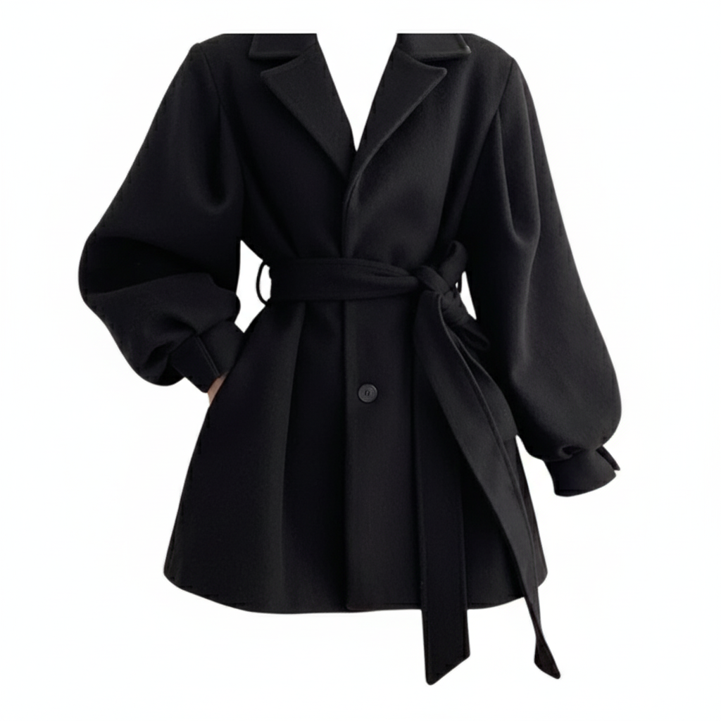 Stylowy Płaszcz Trencz z Baskinką – Bufiaste Rękawy