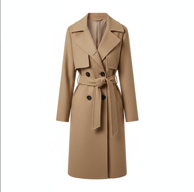 Płaszcz Trencz z Kołnierzem i Wiązanym Pasem – Zima