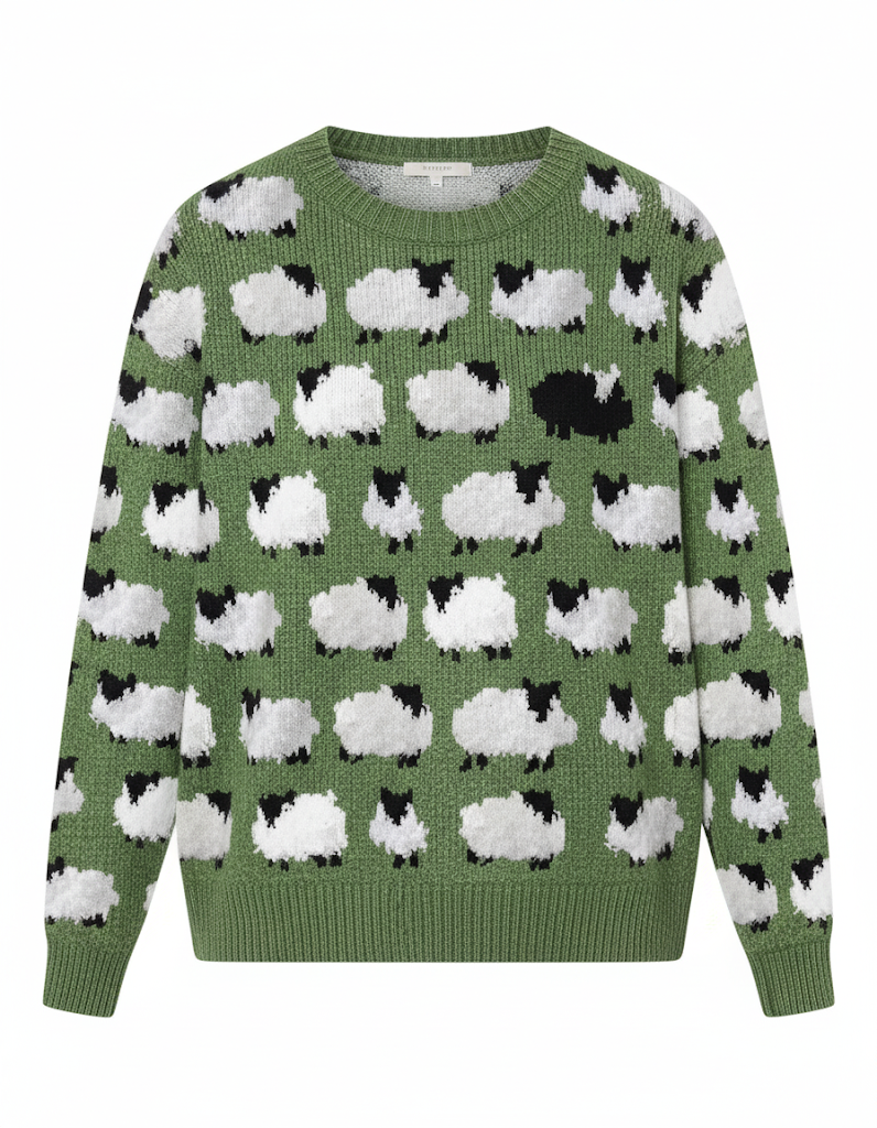Sweter Dziergany Z Motywem Owiec – Okrągły Dekolt