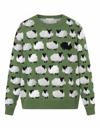 Sweter Dziergany Z Motywem Owiec – Okrągły Dekolt