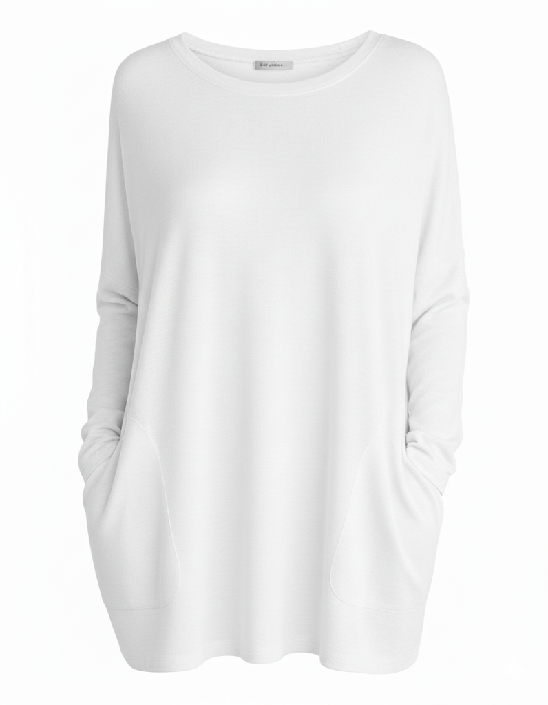 Oversize Gładki Sweter - Długi Rękaw Z Kieszeniami