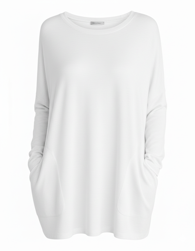 Oversize Gładki Sweter - Długi Rękaw Z Kieszeniami