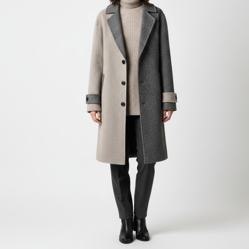 Przytulny Dwukolorowy Płaszcz Trencz z Guzikami z Dzianiny – Zima