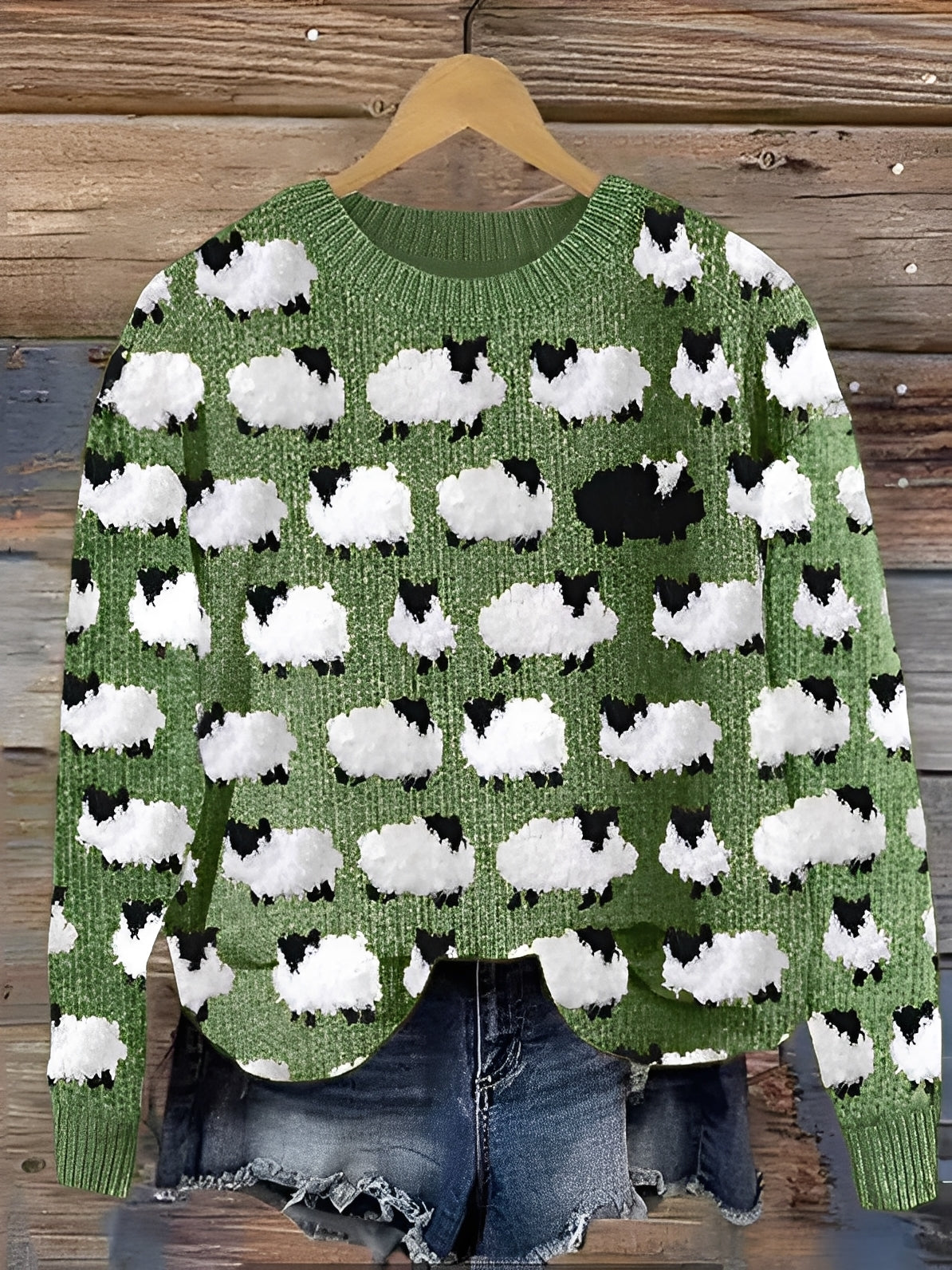 Sweter Dziergany Z Motywem Owiec – Okrągły Dekolt
