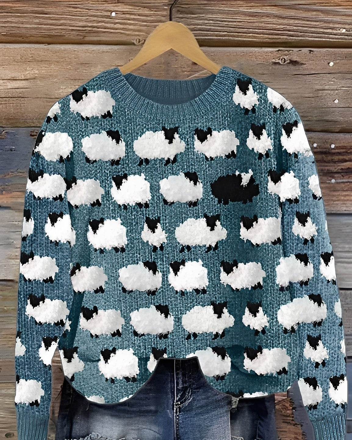 Sweter Dziergany Z Motywem Owiec – Okrągły Dekolt