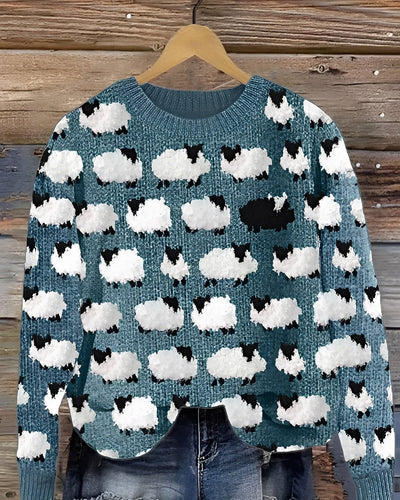 Sweter Dziergany Z Motywem Owiec – Okrągły Dekolt