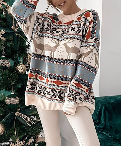 Świąteczny Sweter z Reniferem i Płatkami Śniegu – Festywny Zimowy Pulower