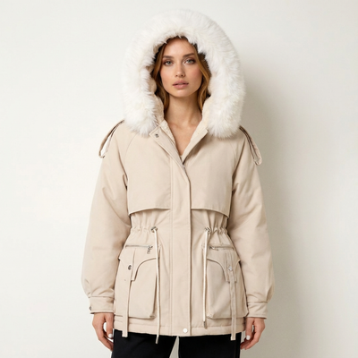 Przytulna parka zimowa dla kobiet – gruba podszewka, kaptur z ozdobnym wykończeniem