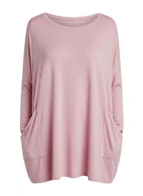 Oversize Gładki Sweter - Długi Rękaw Z Kieszeniami