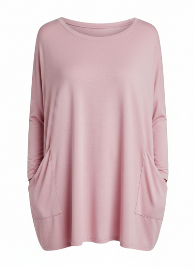 Oversize Gładki Sweter - Długi Rękaw Z Kieszeniami