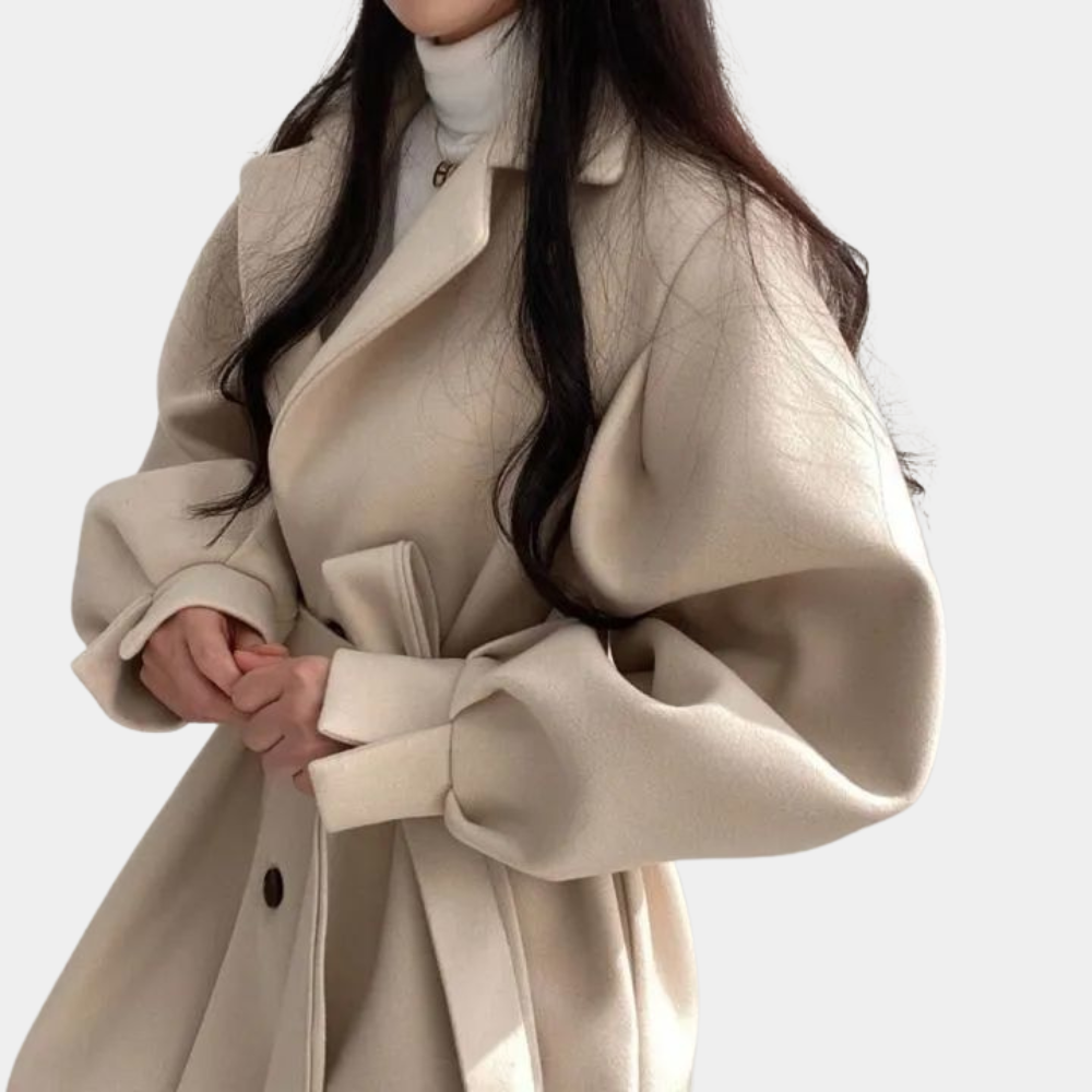 Stylowy Płaszcz Trencz z Baskinką – Bufiaste Rękawy