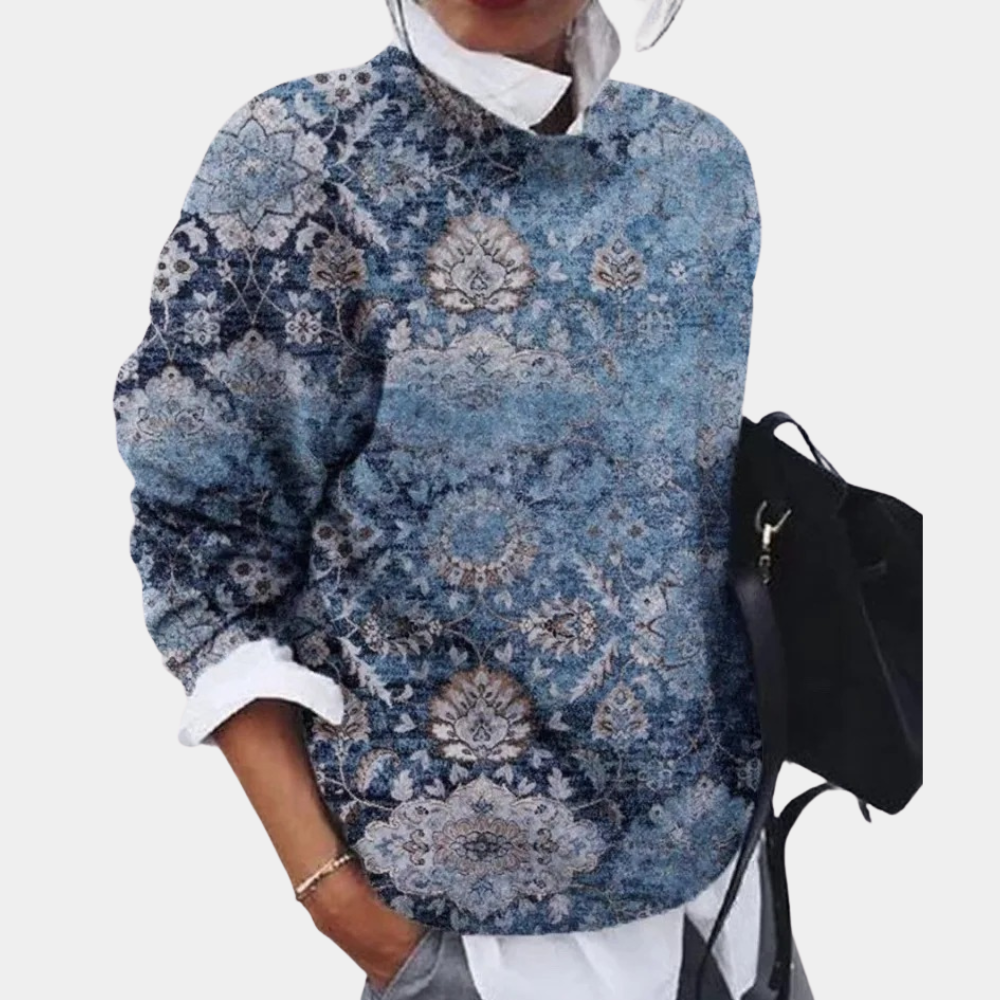 Jesienno-Zimowy Dziergany Sweter Patchwork - Okrągły Dekolt