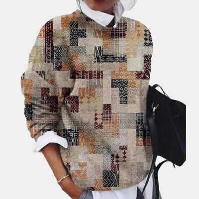 Jesienno-Zimowy Dziergany Sweter Patchwork - Okrągły Dekolt