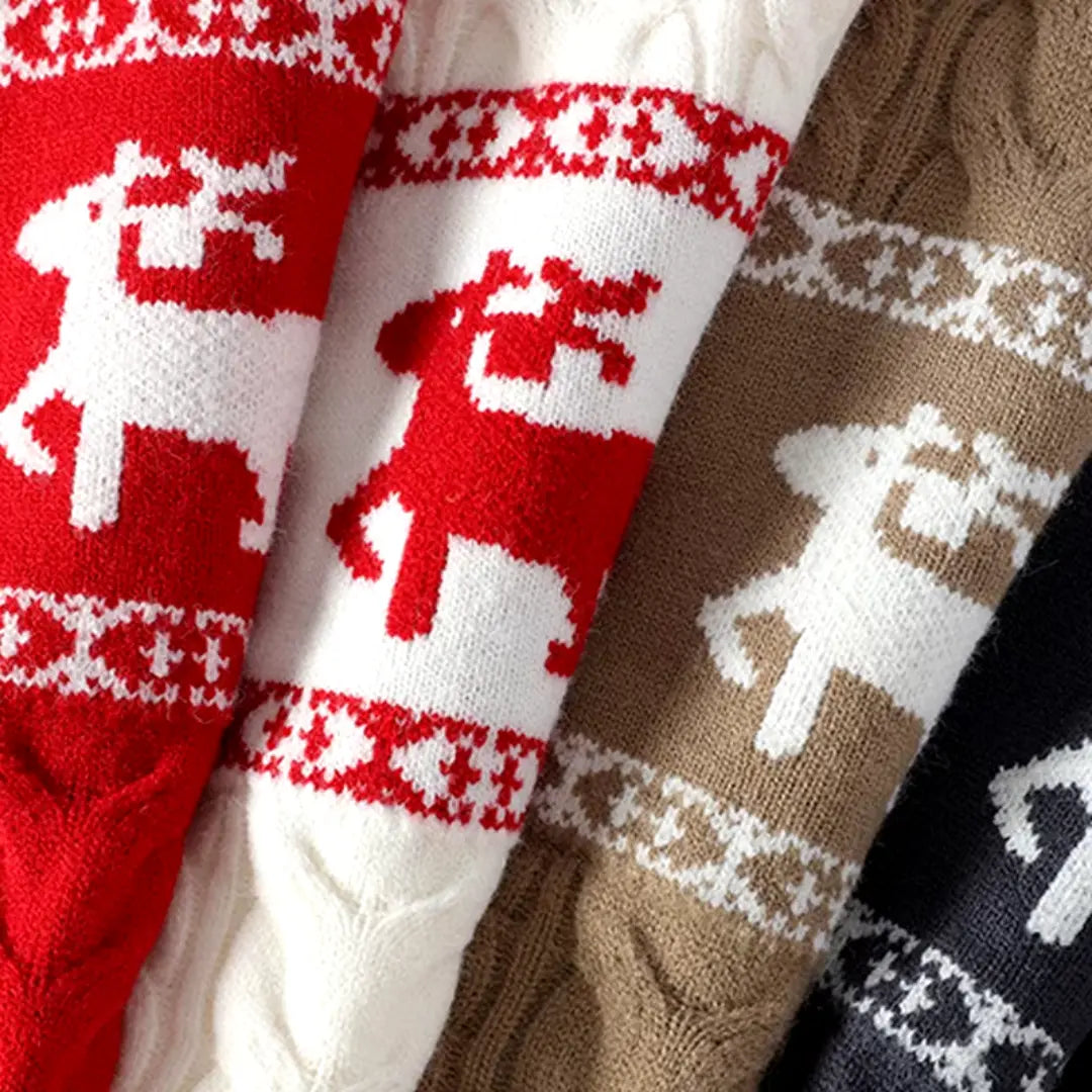 Świąteczny Sweter Dzianinowy – Kołnierz Okrągły z Wzorem Renifera