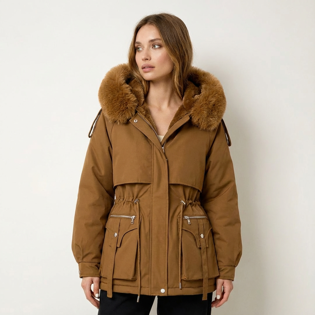 Przytulna parka zimowa dla kobiet – gruba podszewka, kaptur z ozdobnym wykończeniem